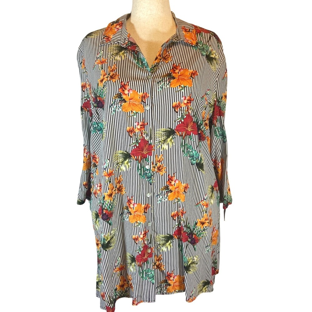 Chico's Black White Stripe Floral Print Tunic Shirt‎ Women's Size 3